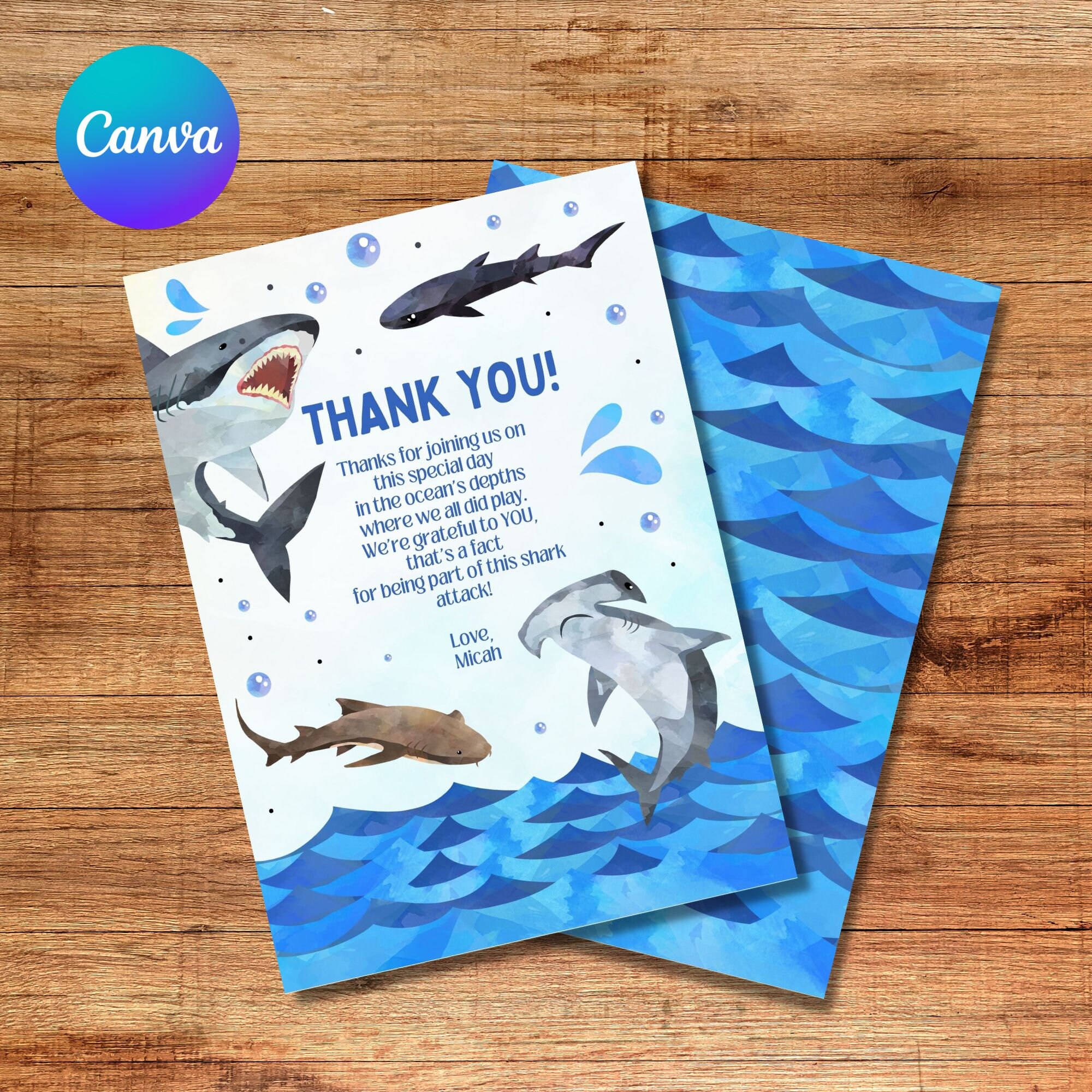 Editable Shark Thank You Card Template Printable Shark Thank You Card ...