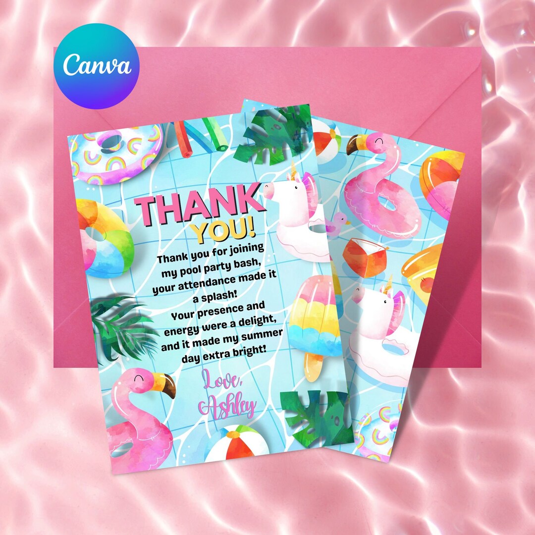Pool Party Thank You Card Template, Editable Thank You Card Etsy