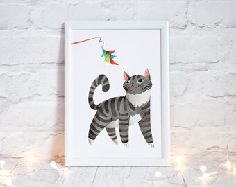 Cat Decoration Wall Art | Cat with Feather Toy - Watercolor - Digital Wall Art | Digital Download