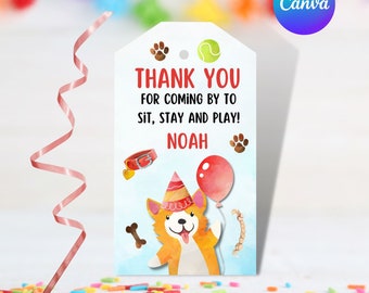 May include: A white thank you tag with a cartoon dog wearing a party hat and holding a red balloon. The tag says "Thank you for coming by to sit, stay and play! Noah".
