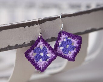 Purple Micro Crochet Granny Square Earrings