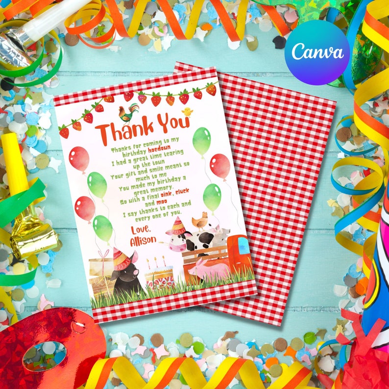 Farm Birthday Thank You Card Template, Editable Canva Design - Etsy Canada