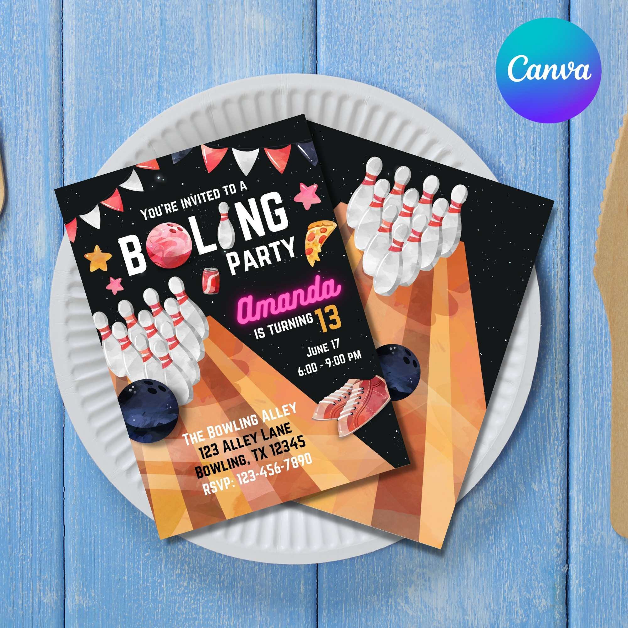 Editable Bowling Birthday Party Invitation Instant Download Bowling
