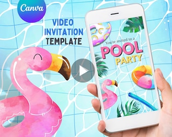 Bewerkbare sjabloon voor video-uitnodiging voor poolparty (digitale download)