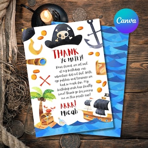 Modelo de cartão de agradecimento editável para festa de aniversário de pirata, cartão de agradecimento pirata para impressão
