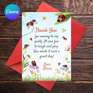 UU Modelo de cartão de agradecimento personalizado Ladybug Cartão de agradecimento Ladybug editável para uma festa de aniversário Ladybug Cartão de agradecimento Lady Bug