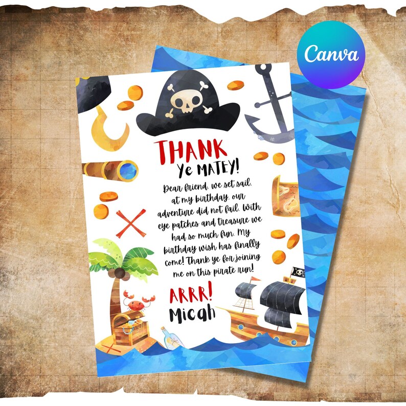 Editable Pirate Birthday Party Thank You Card Template, Printable ...