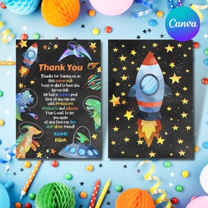 Gepersonaliseerde ruimte dinosaurus dank u kaart sjabloon bewerkbare dinosaurus ruimte dank u kaart voor een ruimte dinosaurus verjaardagsfeestje