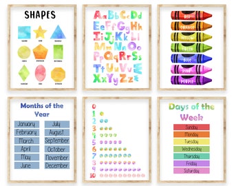 Educational Posters Classroom Prints Homeschool Months of the Year Days of the Week Crayons Alphabet Numbers Shapes