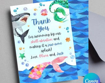 May include: A watercolor thank you card with a mermaid tail, shark, and ocean theme. The card reads "Thank You" and "For swimming by our shell-abration and making it a jaw-some splash! Love, Olivia and Jack."