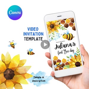 UU Editável Bee Convite Vídeo Bee Convite de Aniversário Vídeo Bee Convite Bee Convite Bee Aniversário Convite de Aniversário de Um Ano