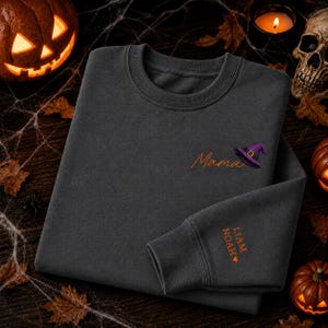 カスタム刺繍入りママハロウィンスウェットシャツ、不気味な魔女の帽子ネームシャツ
