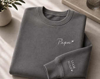 Sweat papa personnalisé brodé, cadeau fête des pères, cadeau nouveau papa, portez mon coeur sur la manche, nom d'enfant personnalisé sur la manche, meilleur papa de tous les temps
