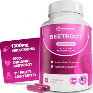 May include: A white bottle of Rosabella Beetroot dietary supplement with a pink label. The label includes text that reads "1300mg per serving" and "100% organic beetroot." Three pink capsules are in front of the bottle. The bottle contains 60 capsules.