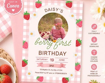 Strawberry First Birthday Invitation, Pink Gingham, Editable Canva Template (Digital Download)