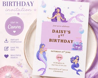 Mermaid Birthday Invitation Template | Editable Canva Invite (Digital Download)