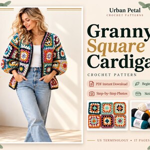 Granny Square Cardigan Crochet Pattern PDF, Beginner Friendly Crochet Cardigan, Easy Patchwork Jacket Pattern, Step-by-Step Photo Tutorial