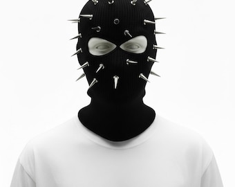 Black Knit Balaclava with Stud Details Punk Style Winter Face Cover