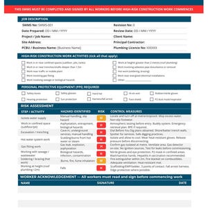 Modello SWMS per idraulici Australia / Dichiarazione del metodo di lavoro sicuro / A4 modificabile con Canva / Sicurezza idraulica
