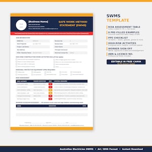 May include: A white and blue SWMS template for Australian electricians. The document includes sections for job information, risk assessment, and worker acknowledgment. Text includes "SAFE WORK METHOD STATEMENT (SWMS)" and "EDITABLE IN FREE CANVA".