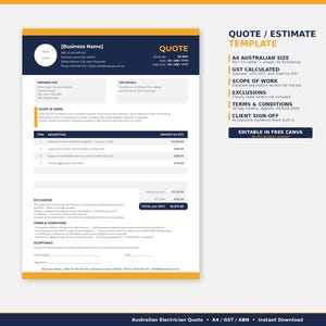 May include: A quote template for an Australian electrician, featuring a navy blue header with the business name and a quote section. The document includes sections for scope of work, exclusions, and terms & conditions. The template is editable in Canva.