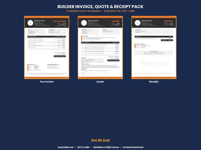 Australian Builder Invoice Quote Receipt Template | Canva Editable | A4 ...