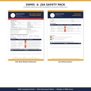 May include: Two editable safety document templates for Australian electricians. The documents are titled "Safe Work Method Statement" and "Job Safety Analysis". The documents have a white background with blue and gold accents. The text "SWMS & JSA SAFETY PACK" is at the top.
