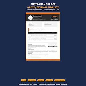 Könnte beinhalten: Eine digitale Angebots- und Kostenvorlage für australische Bauunternehmer. Das Dokument hat ein schwarzes und orangefarbenes Design mit Abschnitten für Geschäftsinformationen, Angebotsdetails und Bedingungen. Text enthält "AUSTRALIAN BUILDER QUOTE/ESTIMATE TEMPLATE".