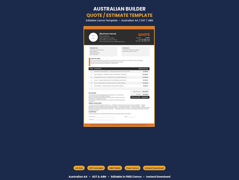 Builder Quote Template Australia | Canva Editable A4 | Construction ...