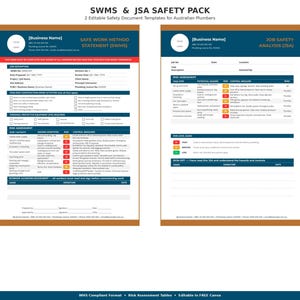 Peut inclure: Deux modèles de documents de sécurité modifiables pour les plombiers australiens. Les documents comprennent une déclaration de méthode de travail sûre (SWMS) et une analyse de sécurité du travail (JSA). Les documents ont un code couleur bleu et marron et incluent le texte "SWMS & JSA SAFETY PACK".