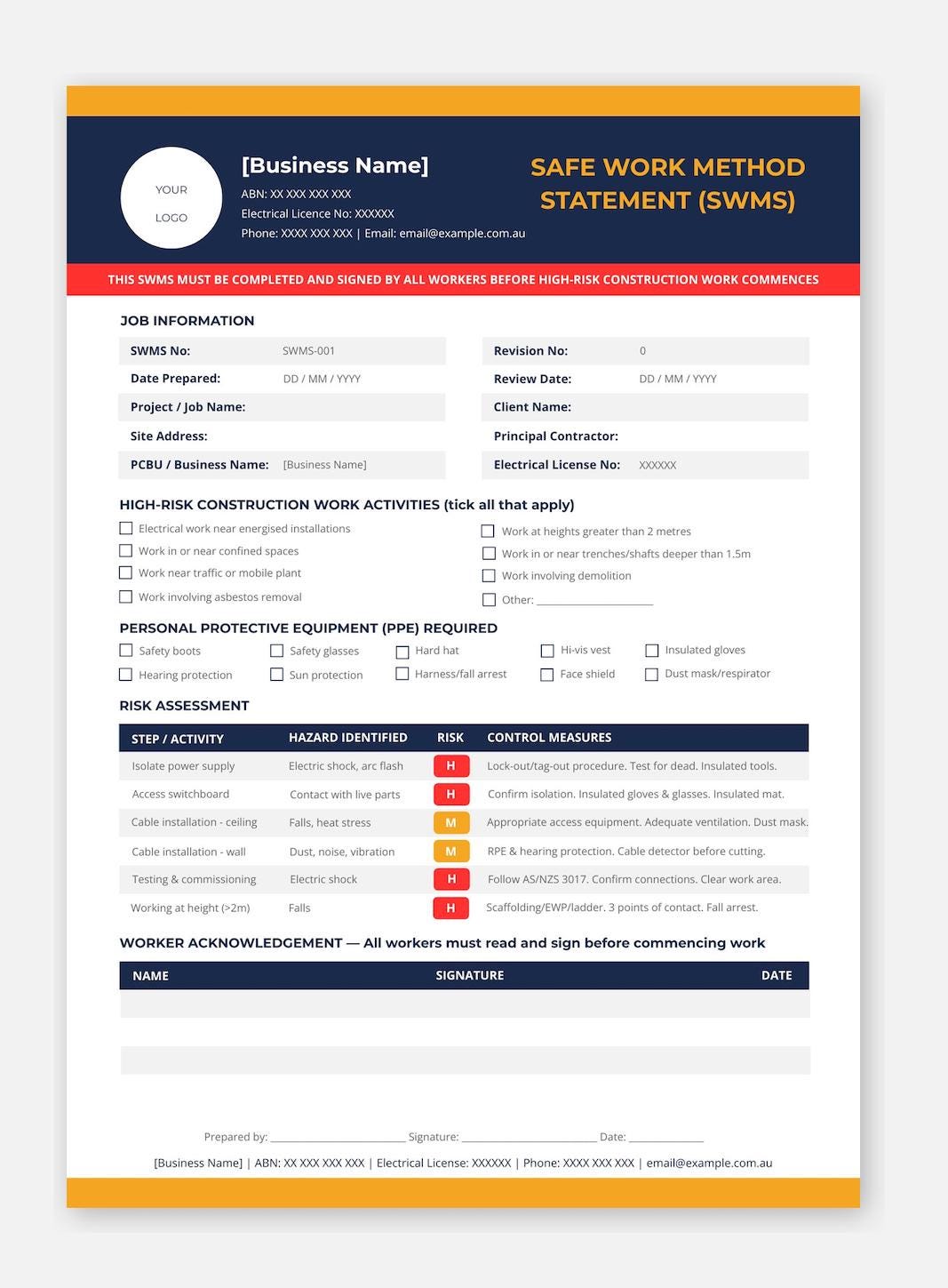 Swms Sign Template SWMS Template Electrician Australia | Safe Work Method Statement ...