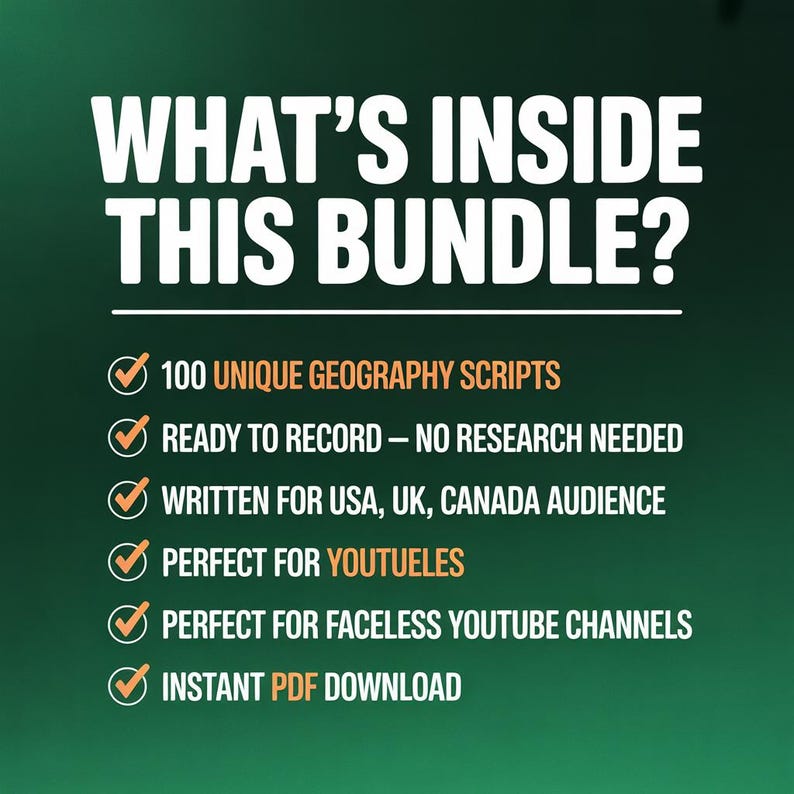 Pu&ograve; includere: Un grafico con il testo "WHAT'S INSIDE THIS BUNDLE?" elenca 100 script di geografia, contenuti pronti per la registrazione, scritti per il pubblico di Stati Uniti, Regno Unito e Canada e perfetti per i canali YouTube. Include il download istantaneo in PDF.