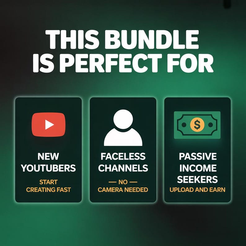 Pu&ograve; includere: Immagine con testo: "THIS BUNDLE IS PERFECT FOR" seguito da tre icone. La prima &egrave; un logo di YouTube con il testo "NEW YOUTUBERS, START CREATING FAST." La seconda &egrave; un'icona di persona con il testo "FACELESS CHANNELS, NO CAMERA NEEDED." La terza &egrave; un'icona di banconota con il testo "PASSIVE INCOME SEEKERS, UPLOAD AND EARN."