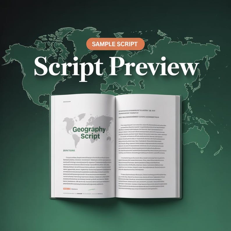 Pu&ograve; includere: Un libro aperto con il titolo "Geography Script" &egrave; mostrato su uno sfondo verde con un contorno della mappa del mondo. Il testo "Script Preview" &egrave; sopra il libro. Le pagine del libro sono piene di testo e di una grafica della mappa del mondo.