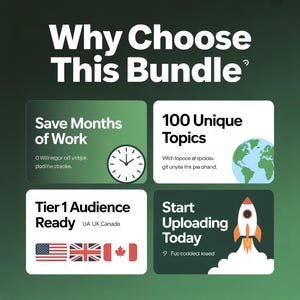 Pu&ograve; includere: Grafica promozionale con il testo "Why Choose This Bundle?" e quattro sezioni. Le sezioni includono: risparmia mesi di lavoro, 100 argomenti unici, un pubblico di livello 1 e inizia a caricare oggi, con un razzo.
