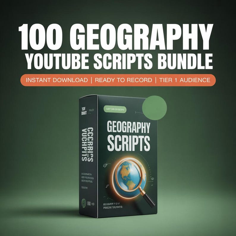 Pu&ograve; includere: Una scatola di prodotto con il testo "100 GEOGRAPHY YOUTUBE SCRIPTS BUNDLE" in bianco. La scatola &egrave; nera e verde con le parole "GEOGRAPHY SCRIPTS" e un'illustrazione di un globo all'interno di una lente d'ingrandimento.