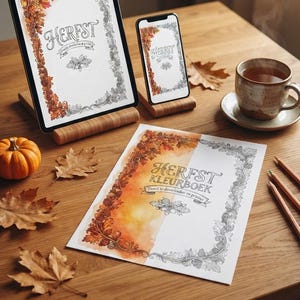 May include: A tablet and smartphone displaying a digital coloring page titled HERFST, alongside a printed sheet titled HERFST KLEURBOEK. The designs feature intricate autumn leaf borders, with one side colored in warm orange tones and the other in black and white line art.