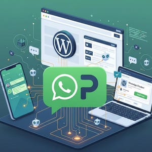 以下が含まれることがあります： スマートフォン、ラップトップ、コンピューター画面にWordPressのロゴが表示されたイラスト。WhatsAppのロゴと文字「P」が入った緑色の吹き出しが中央にあります。ラップトップには「WelsApp Chatbot」と表示されています。背景は緑と青のグラデーションです。