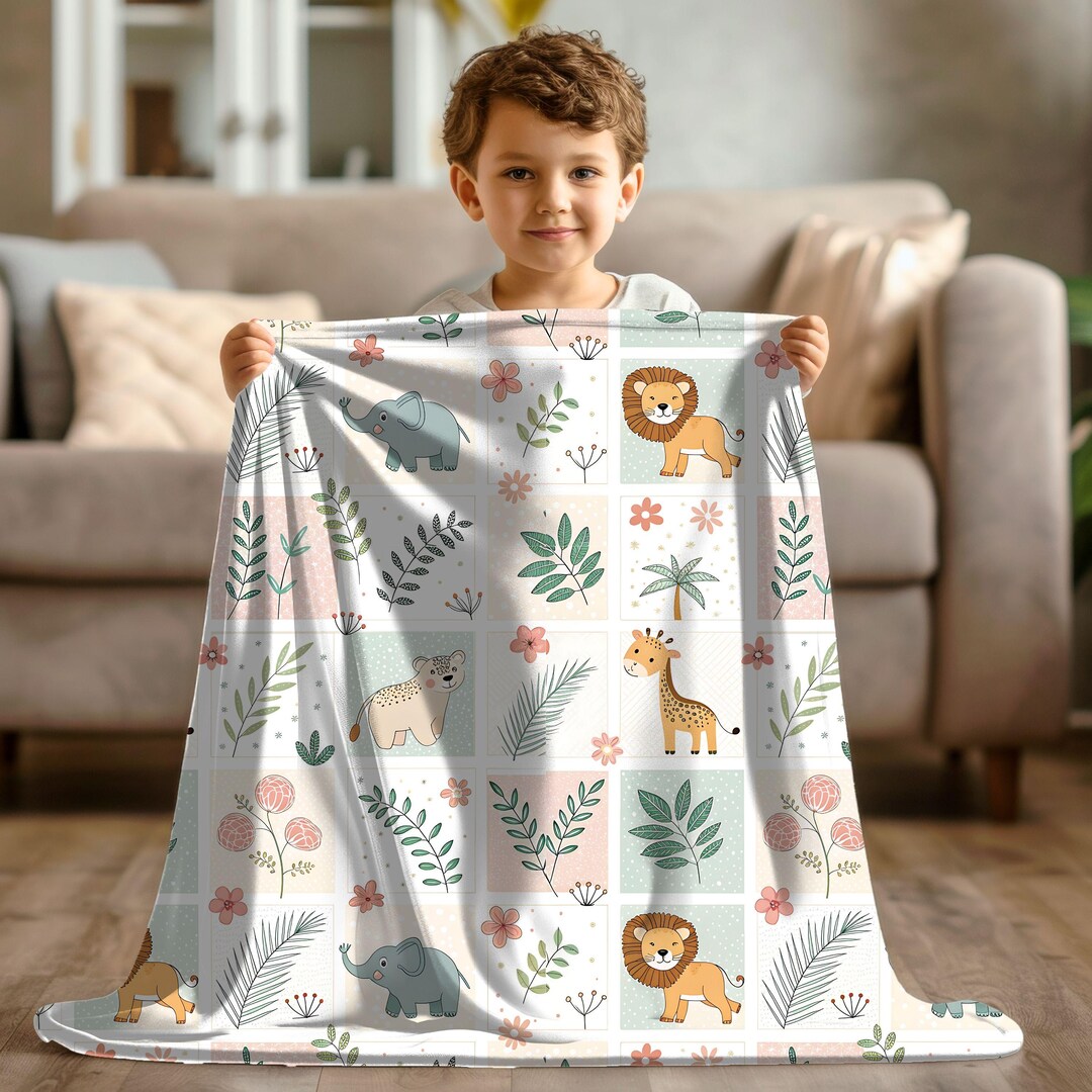 Safari Baby Blanket Woodland Jungle Nursery Throw Lion Elephant Giraffe ...