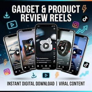 May include: An advertisement for gadget and product review reels. Five smartphones display video content, including a drone, a foldable phone, wireless earbuds, a smartwatch, and VR glasses. Text includes "GADGET & PRODUCT REVIEW REELS" and "INSTANT DIGITAL DOWNLOAD | VIRAL CONTENT."