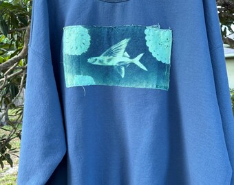 Cyanotype Fish Patchwork Vintage Sweatshirt XXL