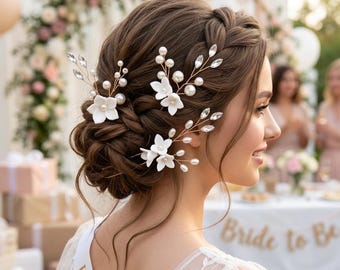 Elegante juego de horquillas para el cabello de novia, horquillas blancas con flores y perlas, accesorios para el cabello de boda, horquillas florales doradas, tocado para damas de honor