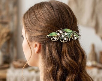 Green Leaf Brooch Pin Gold Pearl Floral Brooch Nature Jewelry Vintage Style Elegant Women Gift