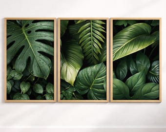 Può includere: Tre stampe botaniche incorniciate con lussureggianti foglie verdi. Le stampe presentano una varietà di fogliame tropicale, tra cui grandi foglie di Monstera con goccioline d'acqua, felci e altre piante a foglie larghe. Le cornici sono di colore legno chiaro.