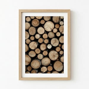 May include: A framed print featuring a close-up view of stacked firewood logs. The logs are various sizes and shades of brown, with visible growth rings. The frame is a light wood color, and the background is white.