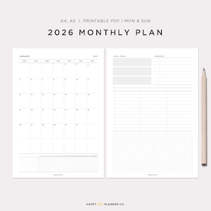 A4, A5 | 2026 Monthly Planner Inserts, Dated Calendar, Printable (Digital Download)