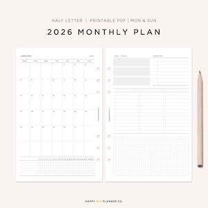 Agenda mensual tamaño media carta / Inserto para planificador mensual 2026 / Calendario de 12 meses con fechas / Planificador imprimible (descarga digital, PDF)