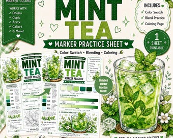 Mint Tea Marker Practice Sheet Alcohol Marker Coloring Page Color Swatch Blending Worksheet Cafe Coloring PDF A4 US Letter
