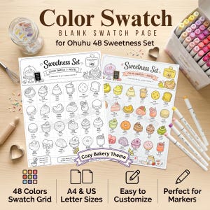Può includere: Una pagina di campioni di colore vuota per il set Ohuhu 48 Sweetness, con una griglia di illustrazioni a tema panetteria. Il documento include etichette come Sweetness Set, Color Swatch 1 - Pastel e Cozy Bakery Theme, con 48 pennarelli.
