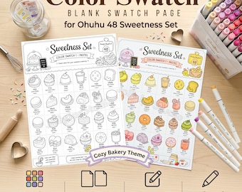 Ohuhu Honolulu 48 Sweetness Color Swatch Bakery Theme Printable PDF A4 A5 US Letter Marker Color Tracker Pastel Color Chart